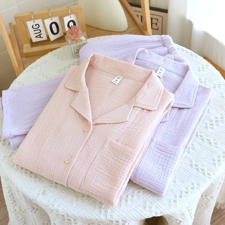 <吹空调必入>有氧双层纱睡衣女纯棉长袖长裤薄款翻领简约家居服