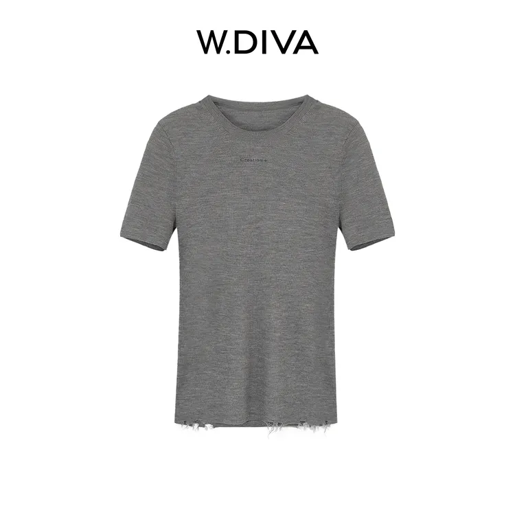 W.Diva【简随】100%美丽诺羊毛复古破损毛边圆领坑条针织53Z072903