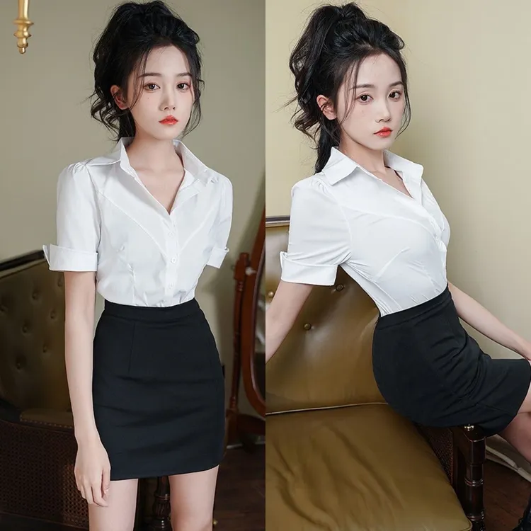衬衣性感修身足浴工作服收腰显瘦白衬衫女气质职业ol套装包臀短裙