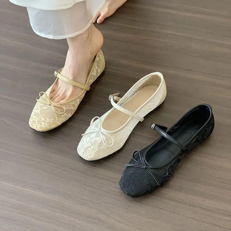 玛丽珍蝴蝶结单鞋芭蕾舞鞋女新品网纱仙女温柔平底白色一字带夏季
