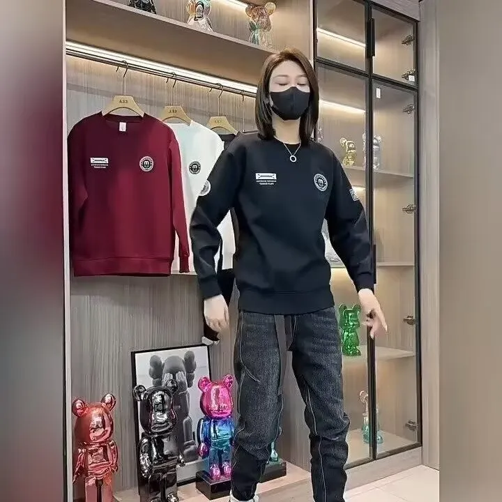 2025秋冬季新款字母印花卫衣男士时尚潮流简约百搭圆领长袖打底衫