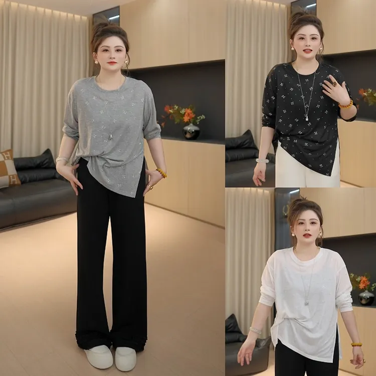 【胖佳佳】现货~质感美学 高品质长袖烫钻T恤秋季百搭H625Z13732