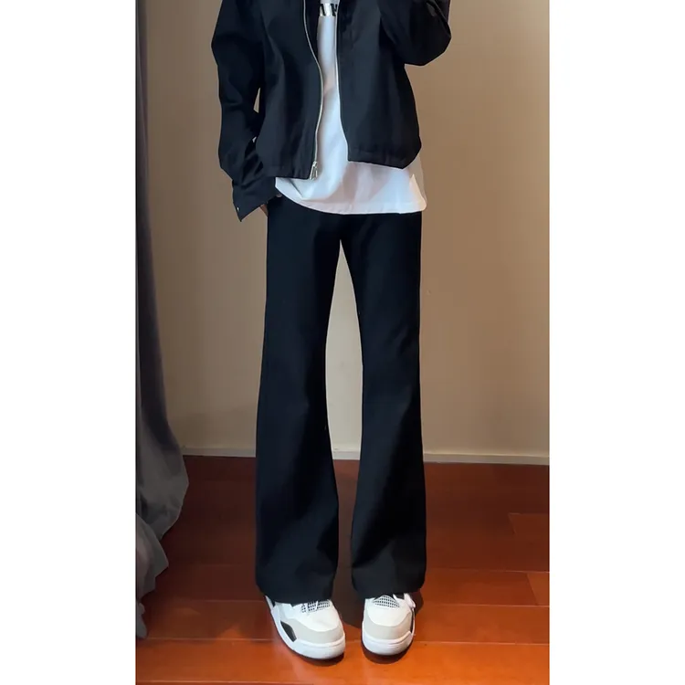 美式cleanfit微喇裤高街vibe风纯黑色牛仔裤男潮ins牌修身直筒裤