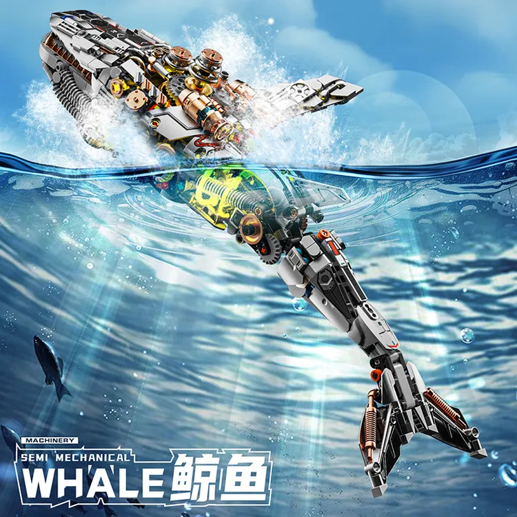 机械造物系列大型仿真动物鲸鱼积木拼装玩具模型带灯光可动摆件