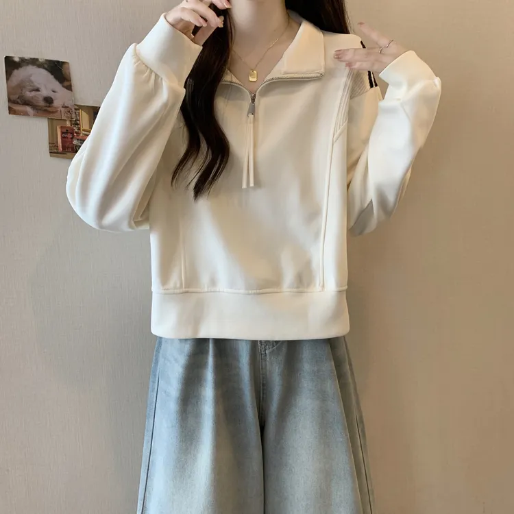 大码女装遮肚子半拉链POLO领长袖卫衣女春秋胖mm宽松显瘦短款上衣