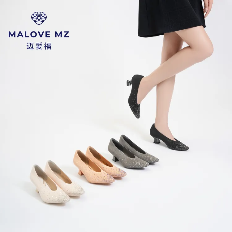 MALOVEMZ浅口尖头亮钻女士粗跟高跟鞋2025年夏季新款百搭单鞋