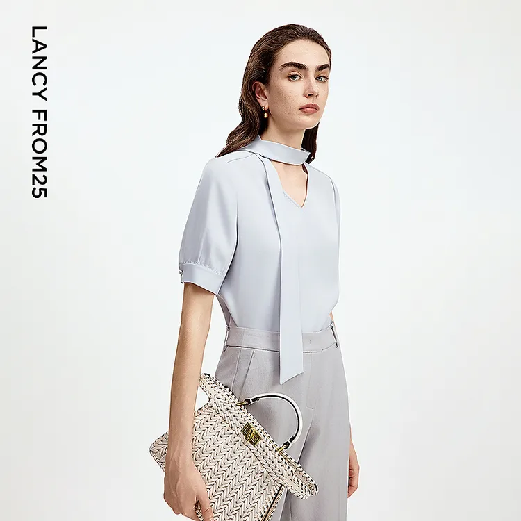 朗姿2025年夏季新款白色系带通勤衬衫短袖塔飘带商务打底上衣女