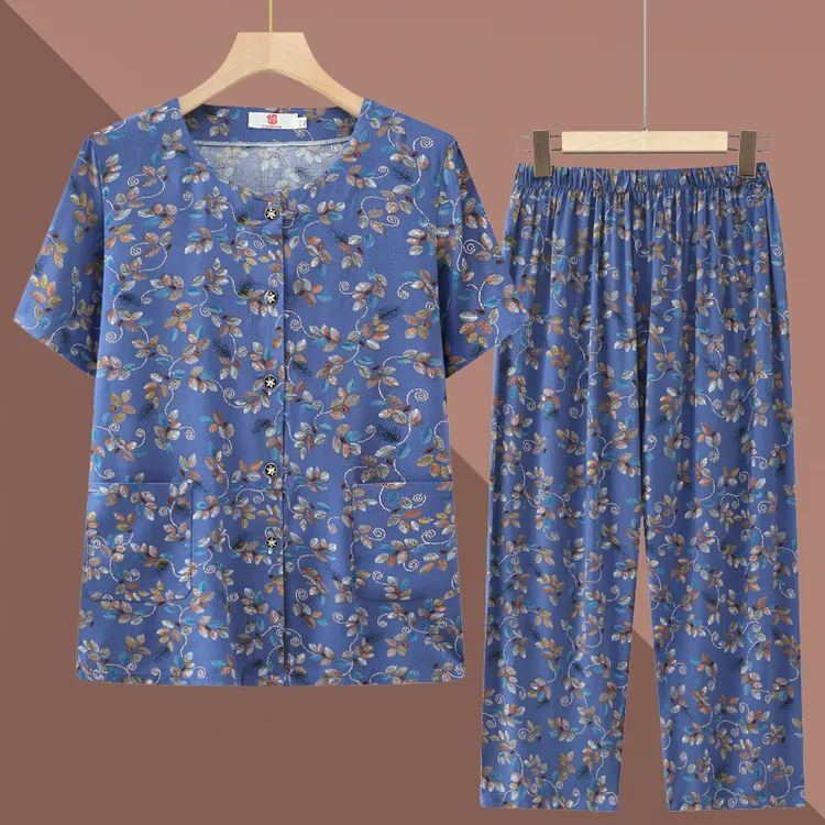 中老年人夏装套装女妈妈短袖纯棉绸开衫老人衣服奶奶老太太两件套
