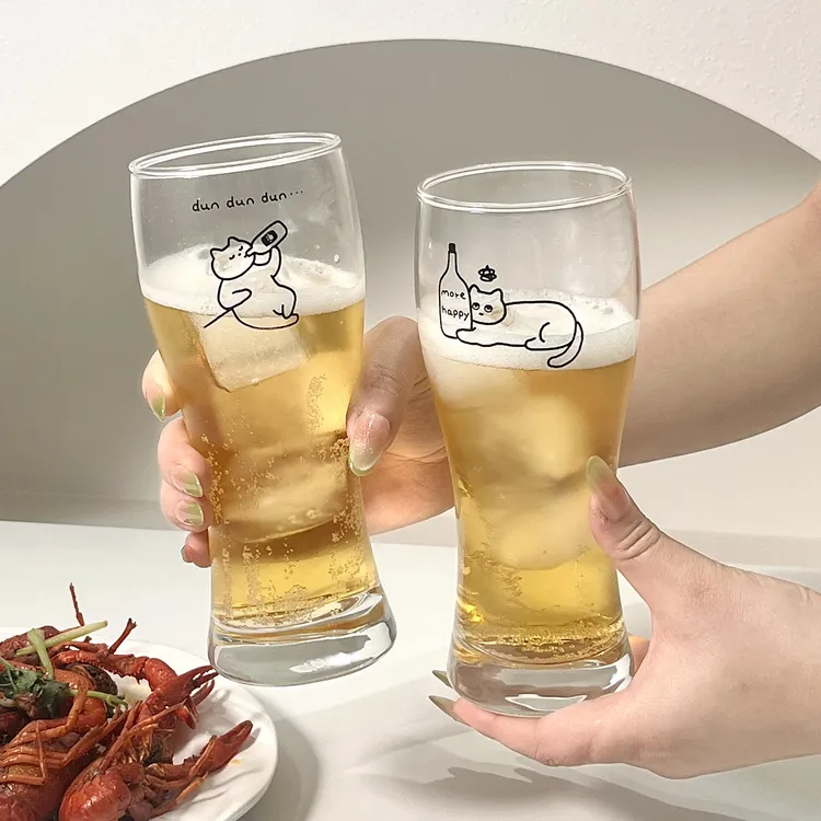 原创小猫扎啤杯玻璃杯大容量家用精酿啤酒杯果汁饮料冰咖啡杯商用