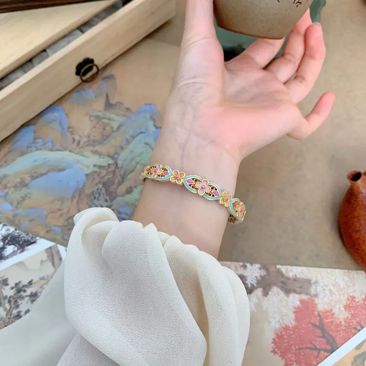 足银手镯 月鲤YUELI银饰 “粉蕊”花漾金枝 足银999.9 新中式手镯