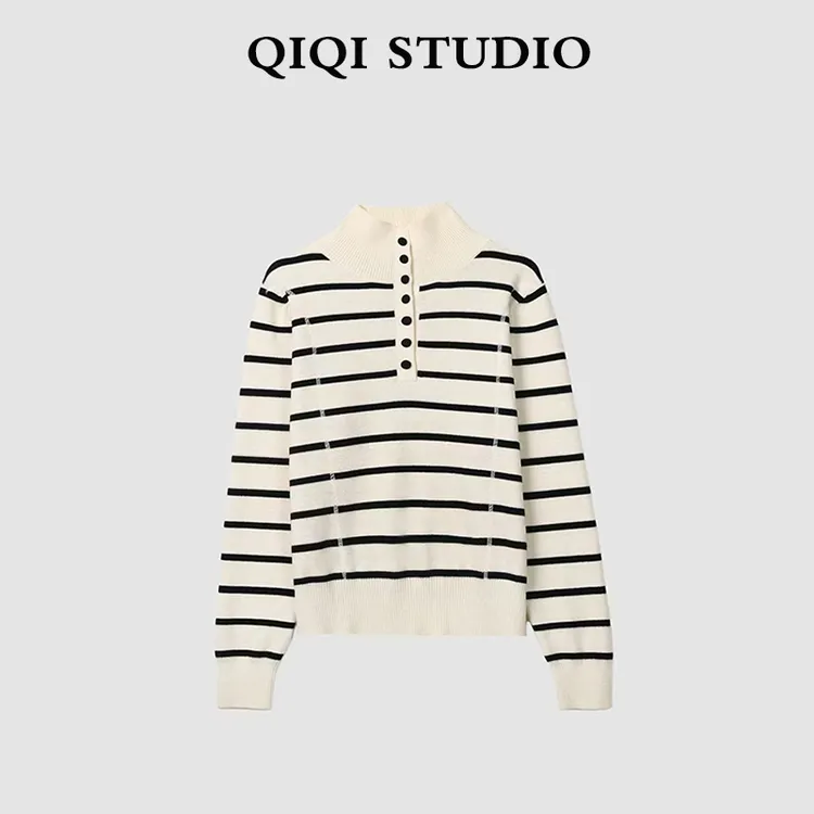 【细羊毛】2025秋冬新款半纽扣翻领条纹针织衫女套头打底上衣