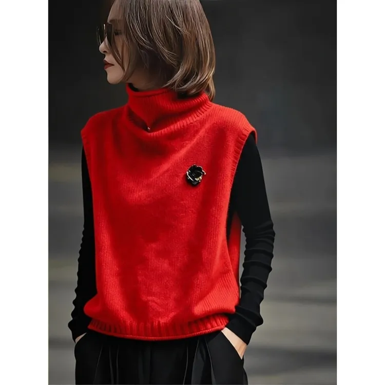 复古时尚百搭流行高级感红色上衣女2025冬显白显瘦款高领针织马甲