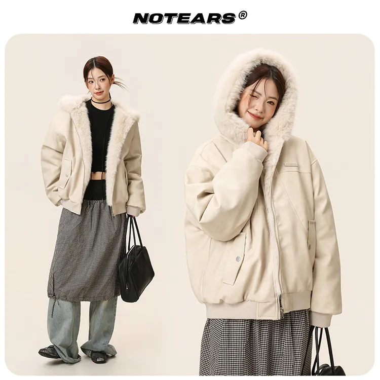 【座山雕毛绒毛领】冬季保暖拼接棉服pu皮夹棉夹克美式派克服M008