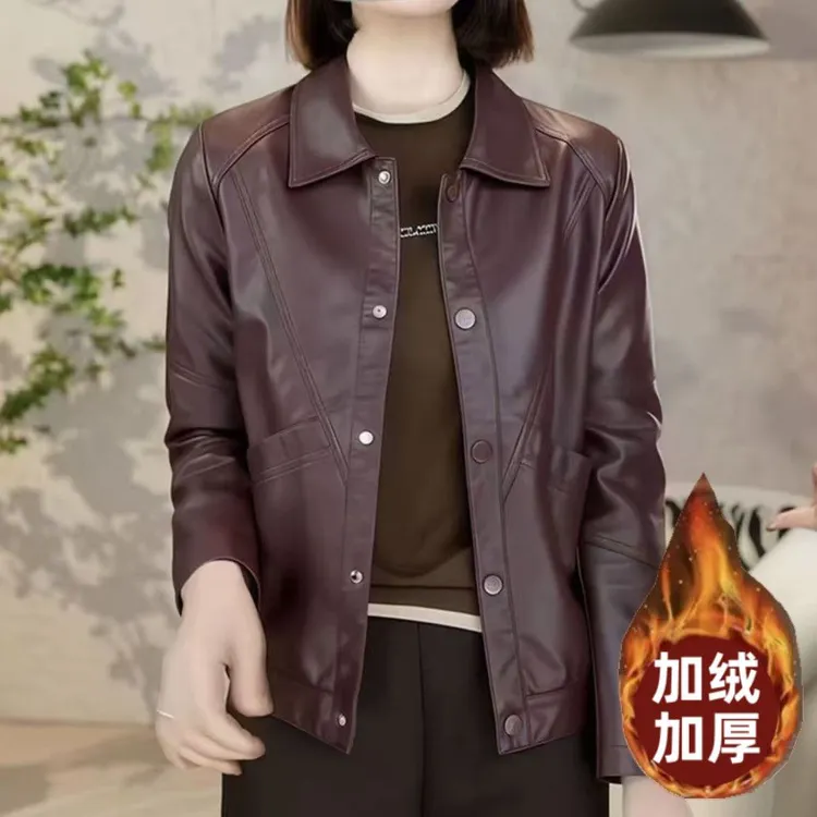 海秋宁冬季时尚纯色翻领pu水洗皮外套女G妈妈装洋气显瘦休闲皮衣