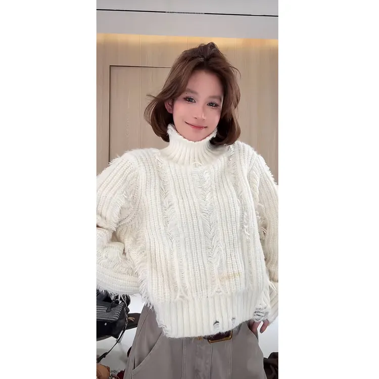 11/01【吴童自制】冬季韩版设计感破洞高领毛衣女长袖上衣2411