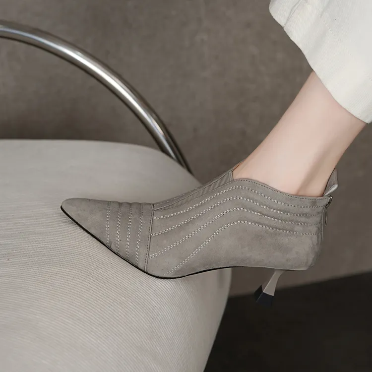 【萌萌定制】细跟高跟灰色秋冬刺绣女士气质短靴INS网红矮靴子 真皮