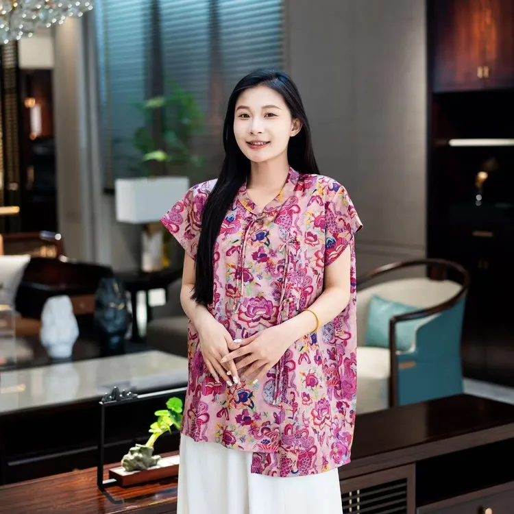 短袖女士夏季斜襟常规款显瘦常规妈妈装植物花卉上衣-25029