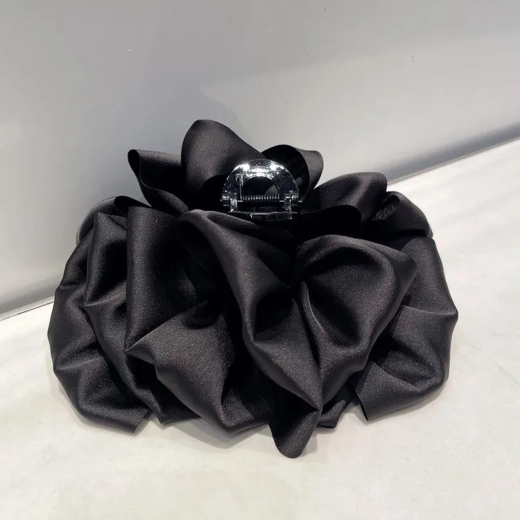 新款头发蓬松夹时尚缎面网红发夹后脑勺鲨鱼夹大号纯色百搭黑色女