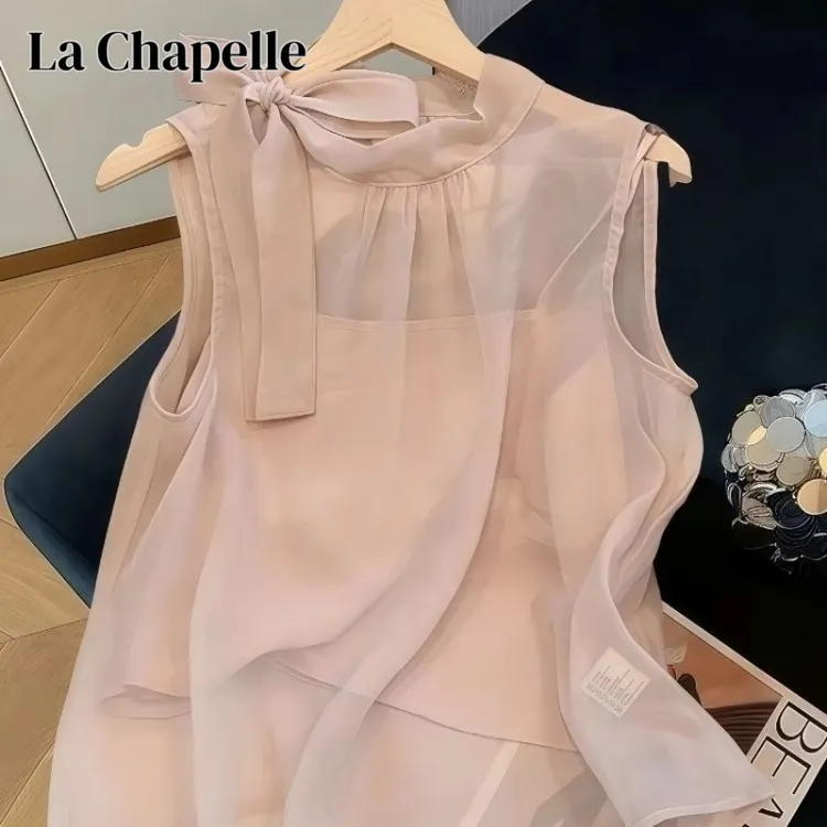 拉夏贝尔法式粉色侧肩绑带背心衬衫女夏季新款设计感气质无袖上衣