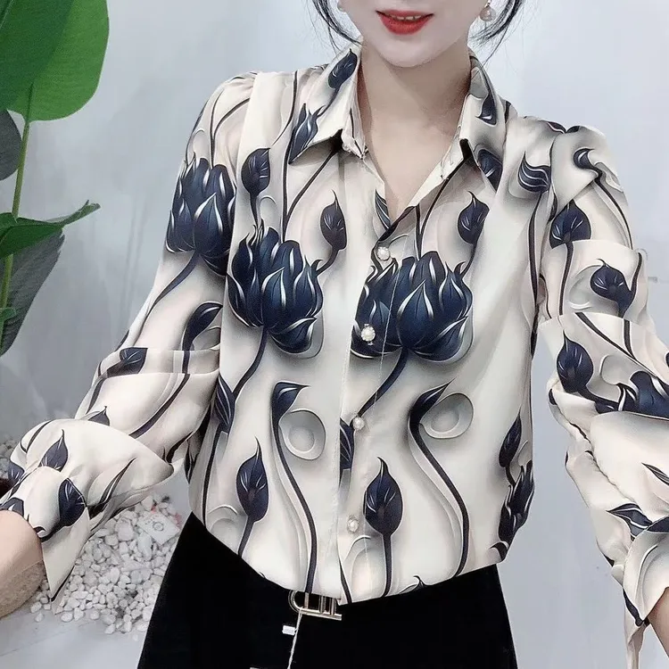 莲叶夏装新款女士印花衬衫减龄妈妈洋气上衣气质百搭衬衣遮肚子小