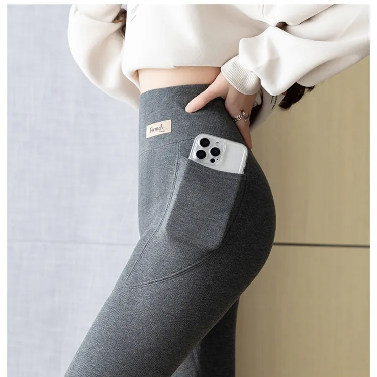 加绒加厚高腰显瘦女款秋冬打底裤外穿保暖长裤大码口袋冬季小黑裤
