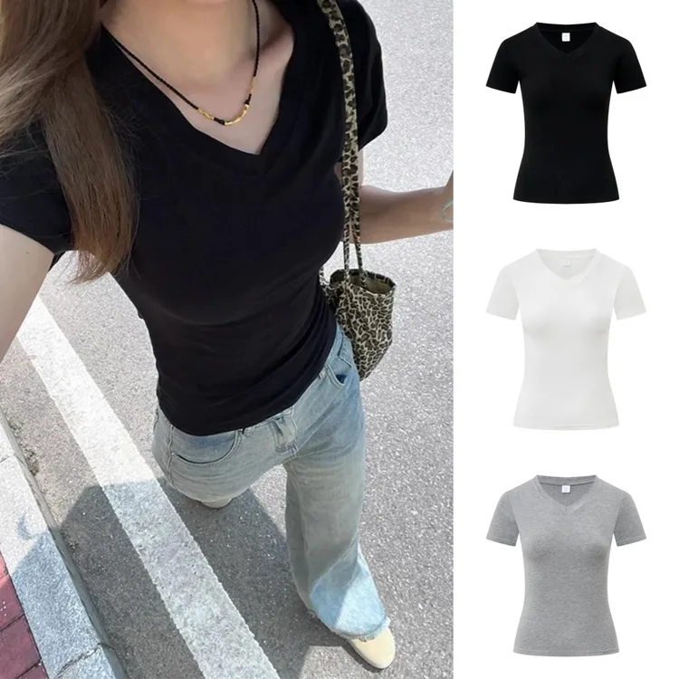 【赠运险】时尚纯欲v领短袖t恤女装修身显瘦百搭减龄纯欲风小众上衣