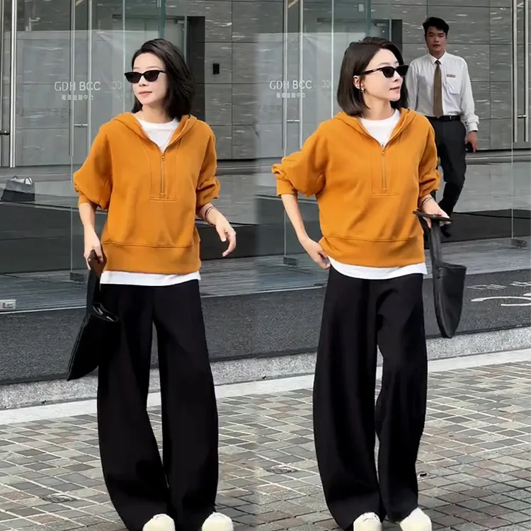 2025秋季新款设计感慵懒风长袖连帽卫衣女搭配休闲阔腿裤两件套装