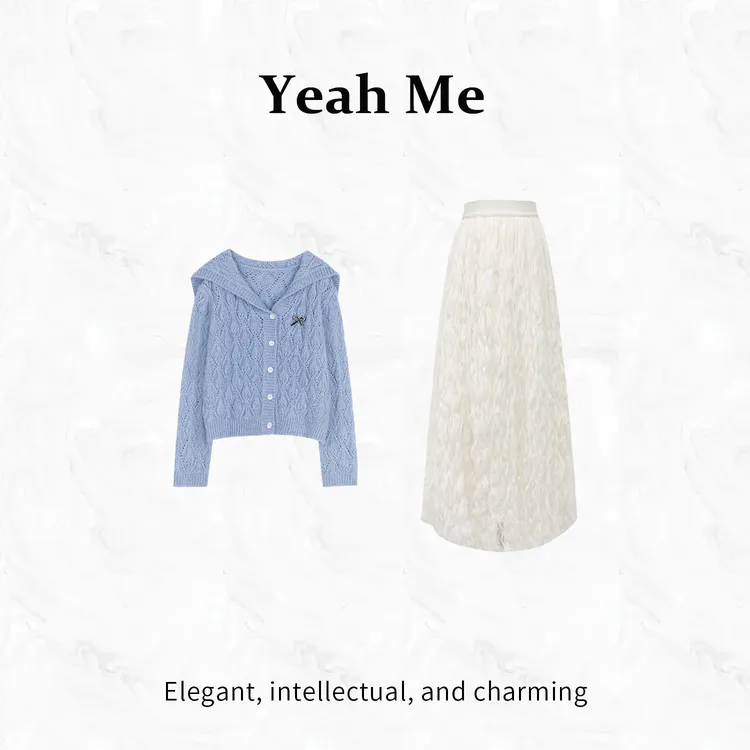 Yeah Me/也觅【蔚蓝晴空】秋季新款文艺感小清新气质百搭半身裙套装