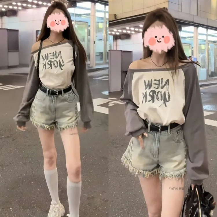 夏季新款韩版字母印花露肩辣妹T恤2025流行宽松百搭牛仔裤两件套