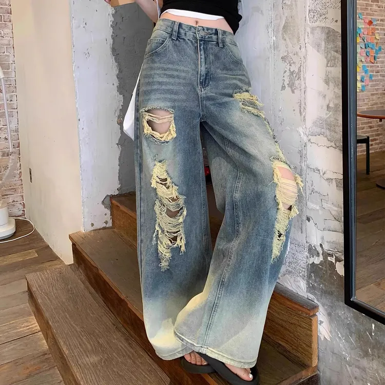 美式高街设计感破洞牛仔裤女2025夏季新款宽松显瘦垂感阔腿拖地裤