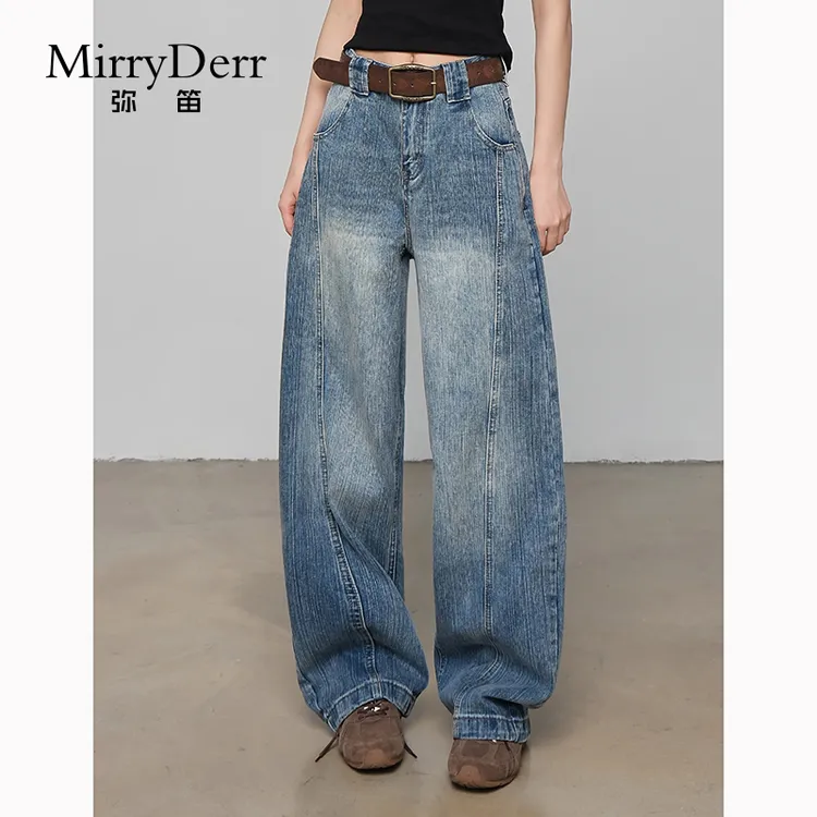 MirryDerr/弥笛美式浅蓝牛仔裤女2025夏季新款高腰宽松百搭阔腿裤