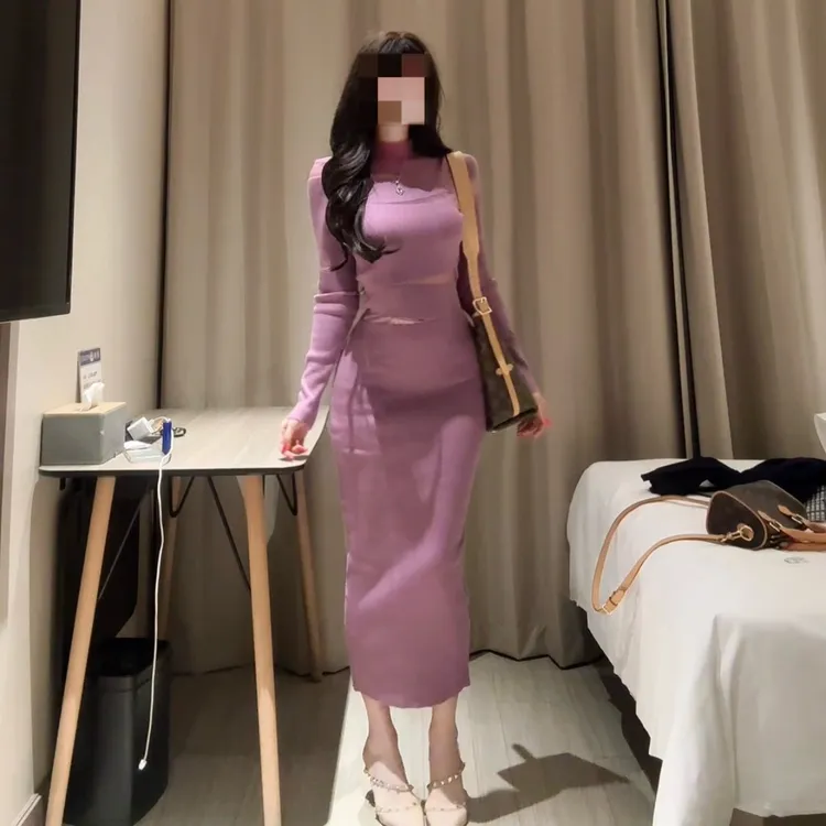 秋冬长袖针织纯欲修身包臀鱼尾连衣裙