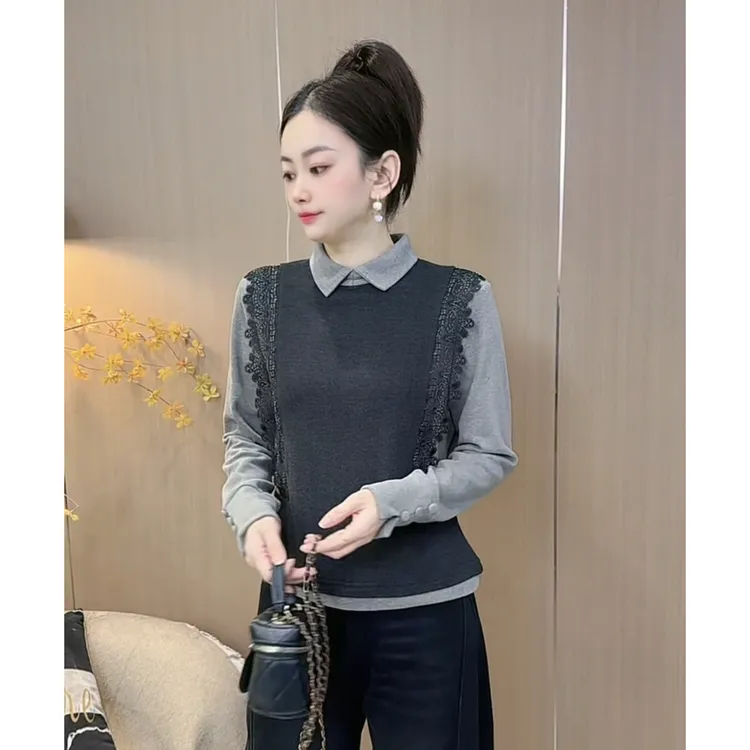 【1115】新品慕斯双面绒假两件拼接蕾丝钩花上衣