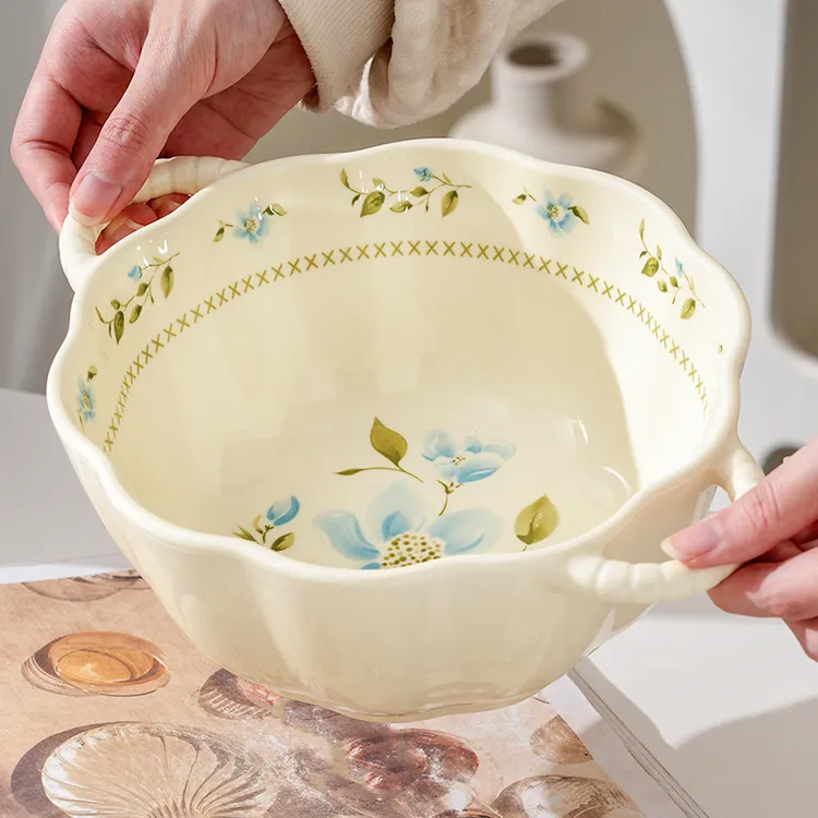 【大汤碗】奶油风兰铃花大容量汤碗勺陶瓷家用汤勺双耳餐具组合