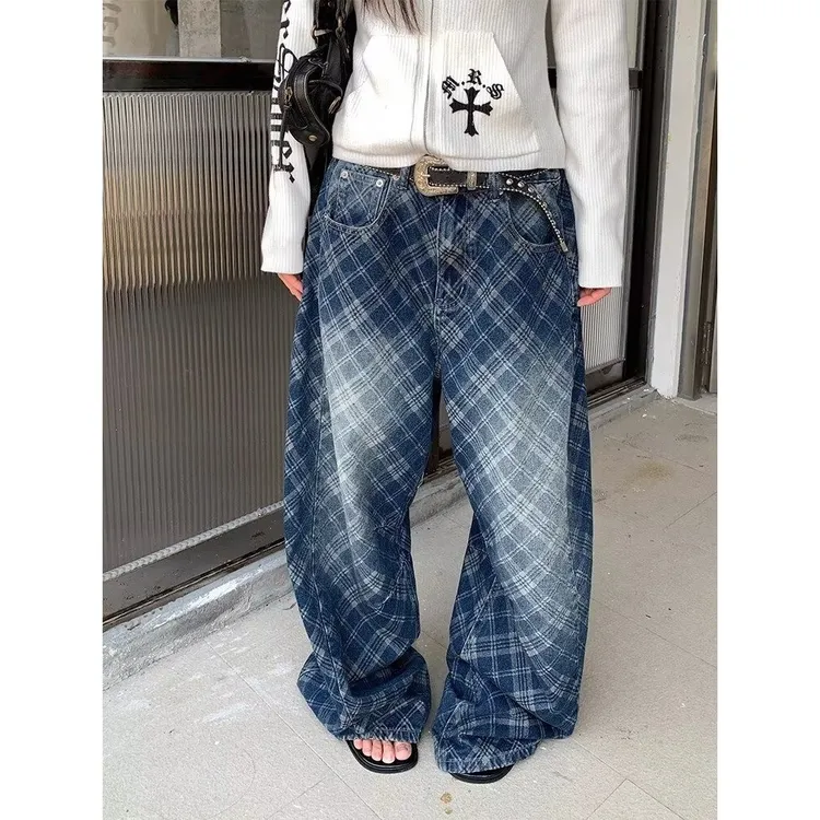 美式高街格纹牛仔弯刀裤美式复古男女宽松休闲街头设计感长裤秋