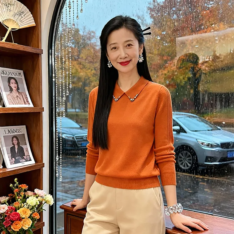 早秋新款天丝妈妈装莱赛尔中老年女装针织衫翻领气质减龄长袖上衣