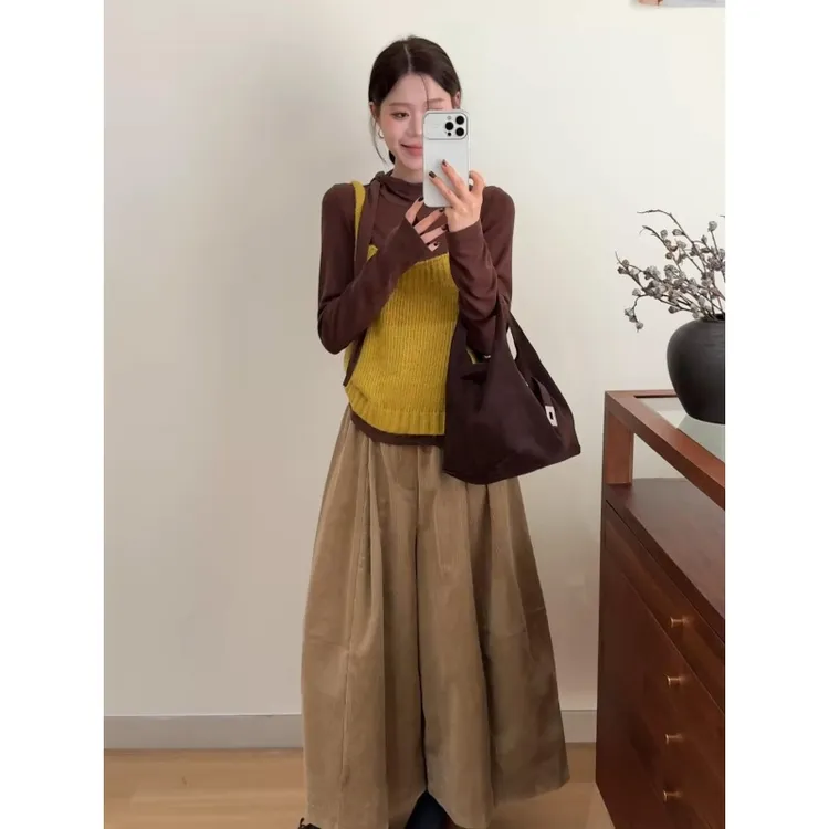 MARIE.COCO港风复古轻熟风长袖打底衫叠穿针织背心松弛感阔腿长裤