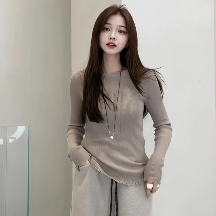 温柔气质花边竖纹理针织衫女2025冬季大码胖MM修身显瘦打底衫上衣