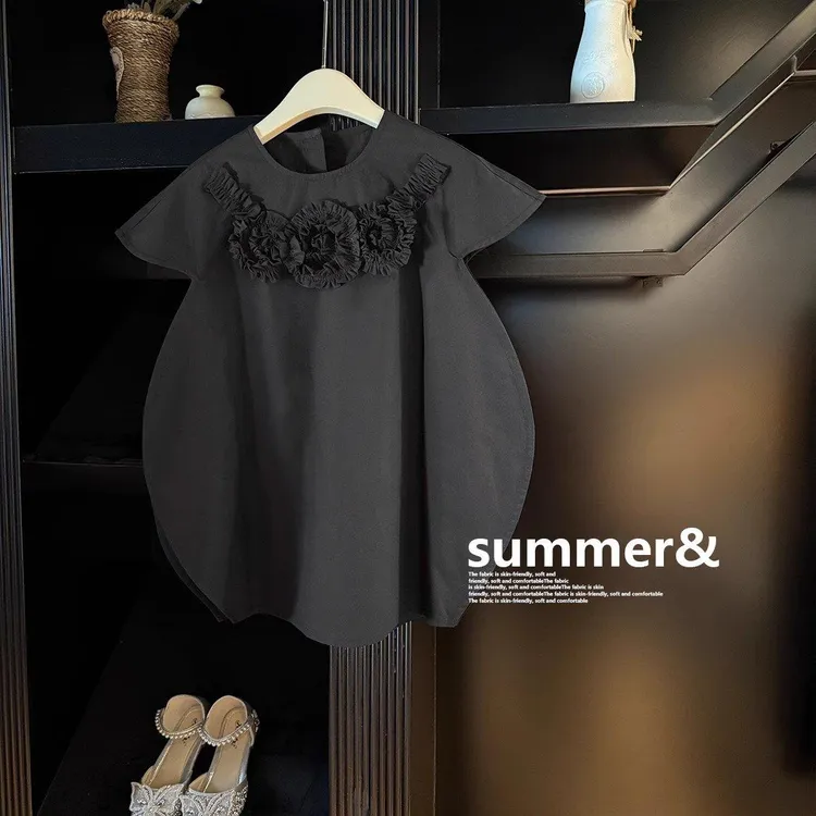 新品巴拉巴拉女童连衣裙2025夏季新款韩版童装洋气荷叶边黑色肌理
