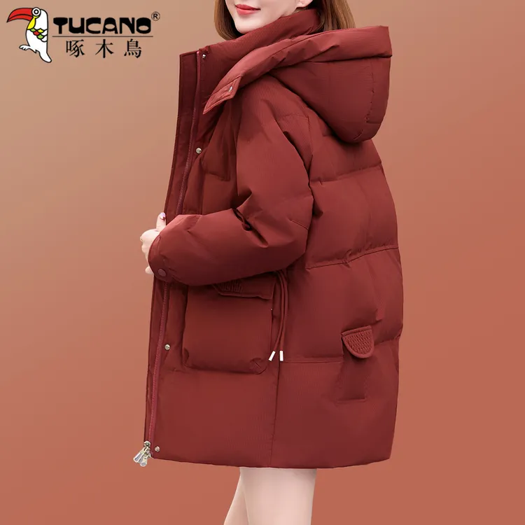 【官方】啄木鸟中长款羽绒服女冬季2025新款时尚洋气白鸭绒保暖外套