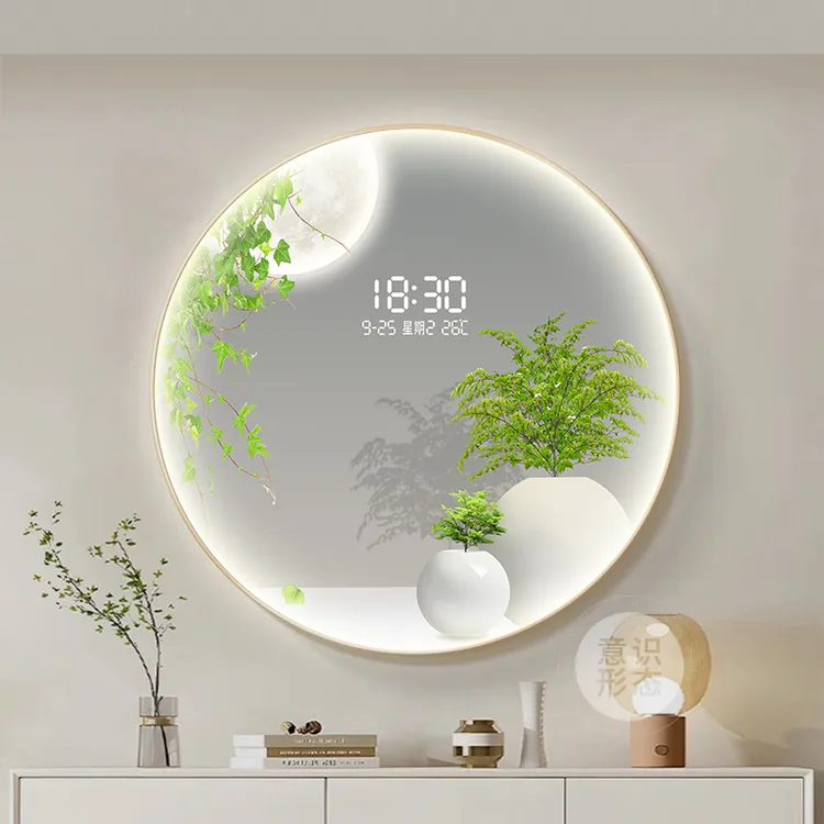奶油风玄关装饰画餐厅感应LED挂钟家用电子时钟数显圆形创意挂画