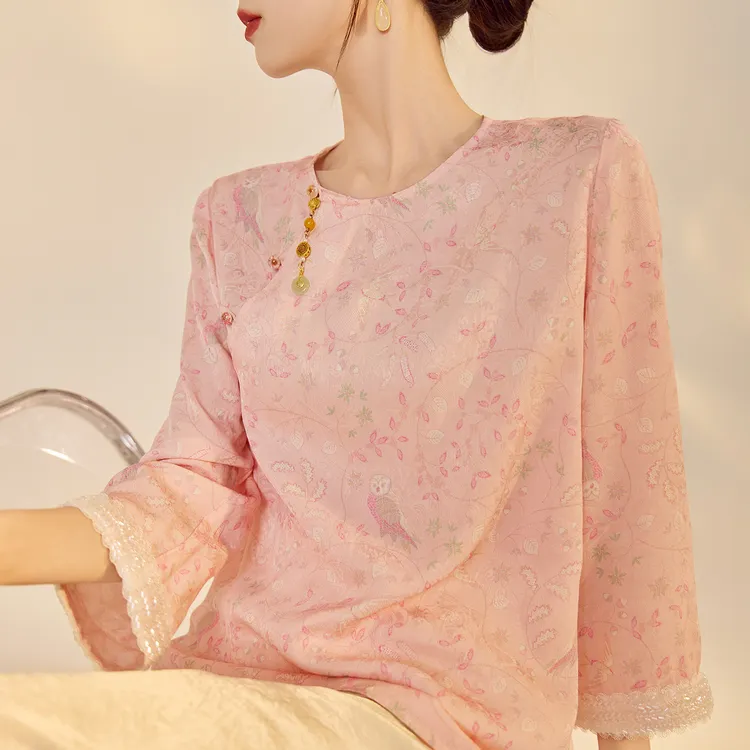 新中式袖口钉珠设计气质轻奢上衣国风复古圆领宽松长袖衬衫 N5075