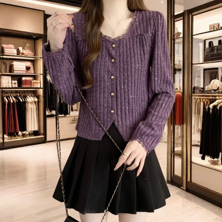 今年流行漂亮紫色洋气针织长袖秋季大码胖mm显瘦遮肉打底衫上衣女