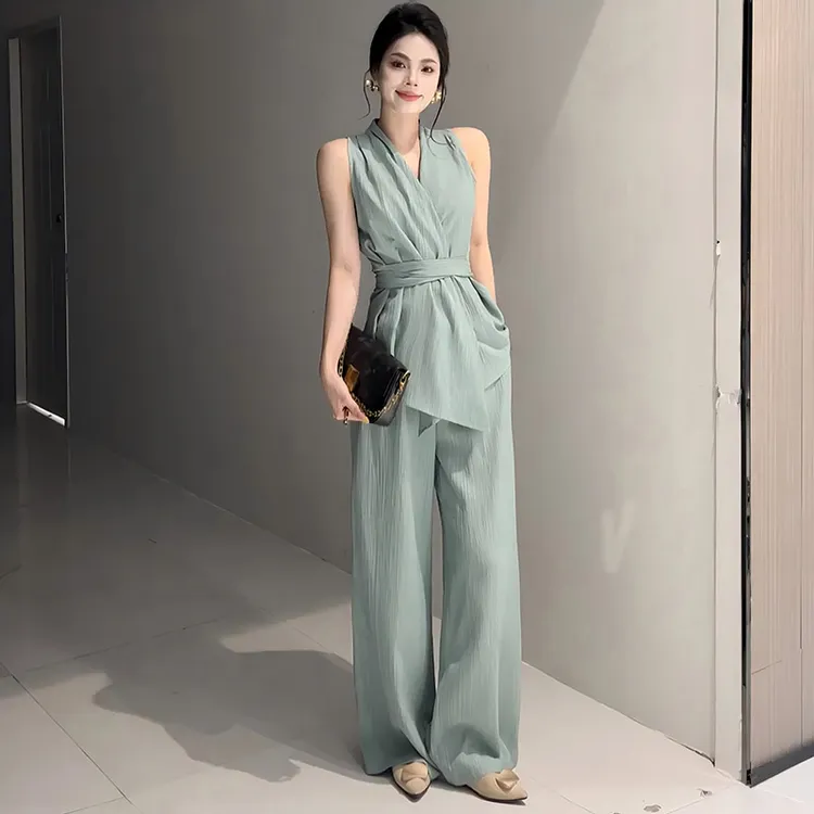 【两件套】慵懒风气质法式时尚套装阔腿裤设计师夏季高腰显瘦D2035