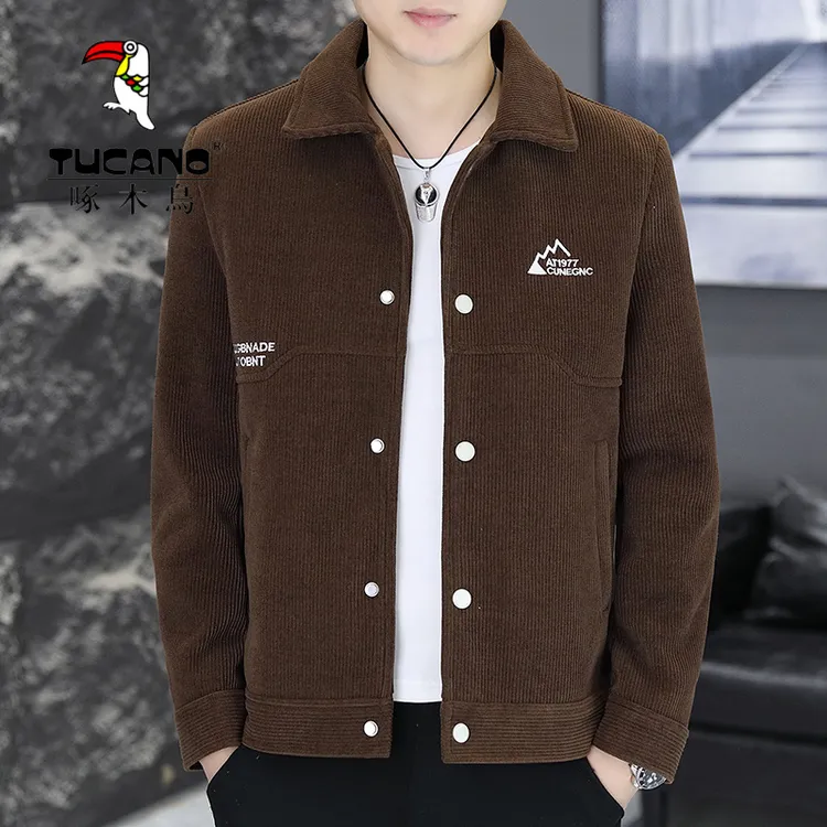 啄木鸟修身帅气夹克男春秋季新款短款纯色翻领条绒外套男休闲百搭