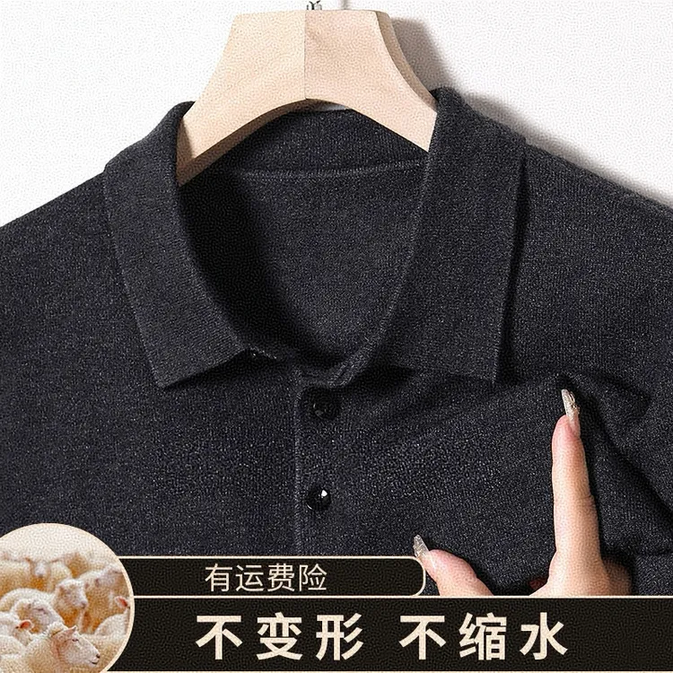 男士秋冬纯羊毛休闲商务保暖打底长袖常规款翻领衫上衣不缩水男装