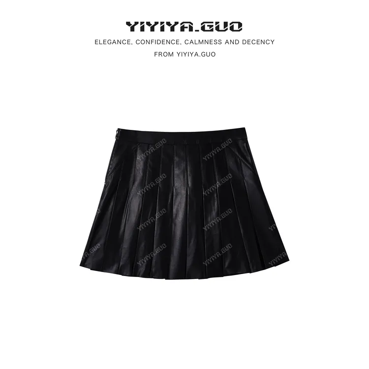 yiyiya.Guo艺艺吖秋冬新款常规腰百搭百褶半身皮裙080052SS52