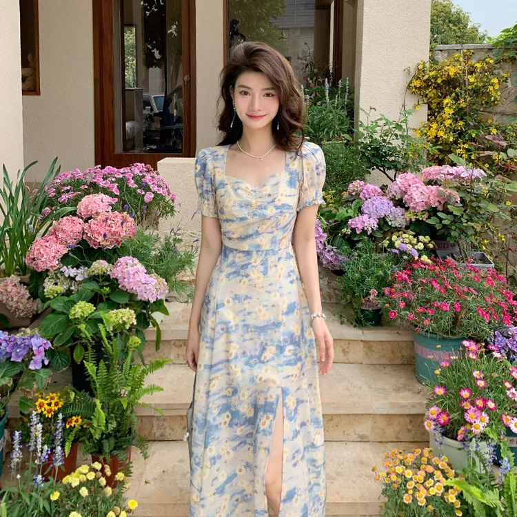 2025法式仙女雪纺连衣裙纯欲渐变色碎花中长款女裙温柔休闲仙女裙