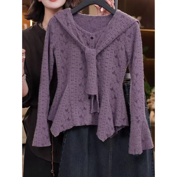 优雅高级感显瘦披肩紫色针织衫女秋冬季新款减龄百搭气质毛衣3792