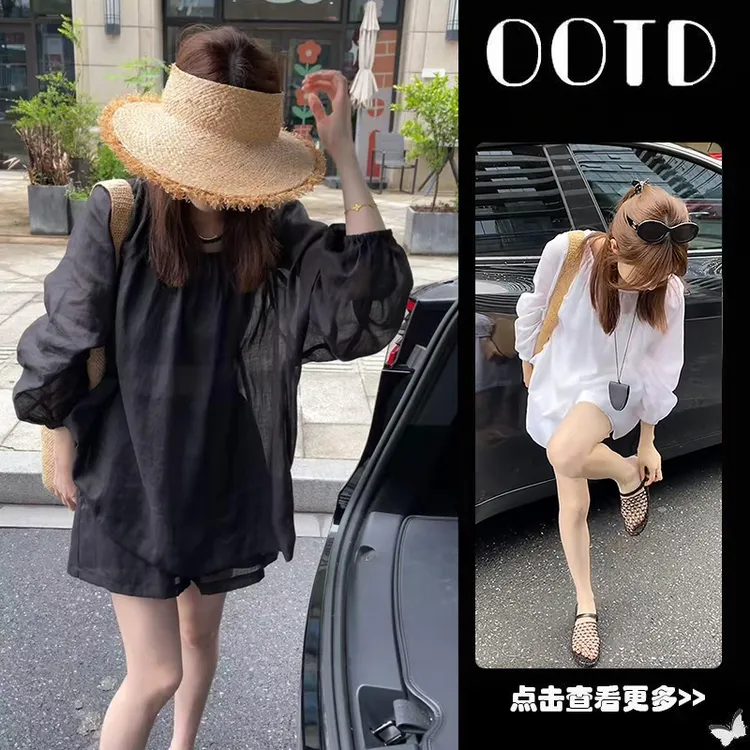 超火夏季穿搭一整套2025新款黑色防晒长袖衬衫百搭阔腿短裤两件套